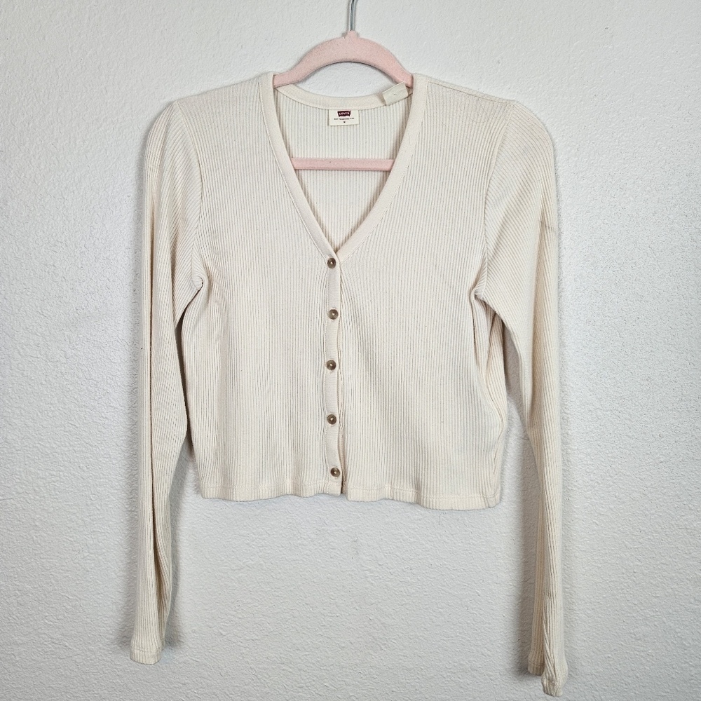 Levis Cream Off White Navy Button Down Cardigan Blouse Top Size Medium
